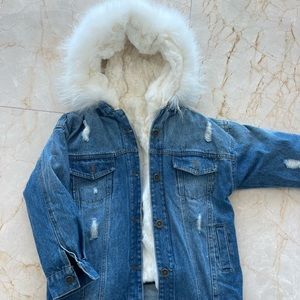 Fur lined denim parka with fur trimmed hood